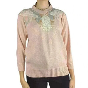 Vintage Retro Pastel Pink Jaclyn Smith Embroidered Beaded Sweater